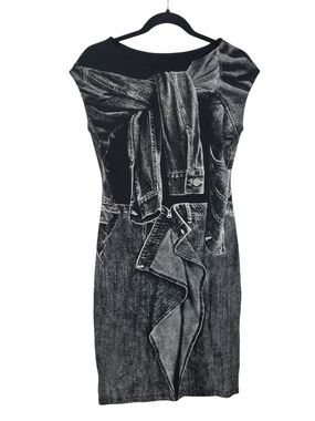 Vintage ISABEL DE PEDRO Y2K Trompe L'oeil Denim Jacket Print Dress Size 6